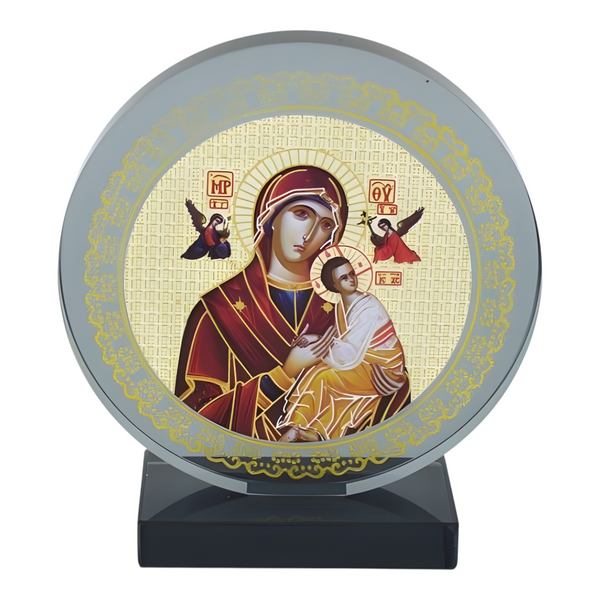 Orthodox Holy Mother Mary & Jesus Icon On Round Black Glass Plaque Stand Ornament