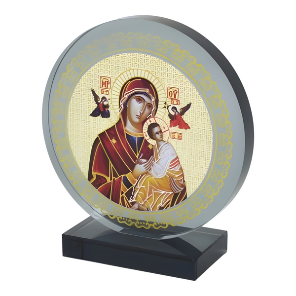 Orthodox Holy Mother Mary & Jesus Icon On Round Black Glass Plaque Stand Ornament