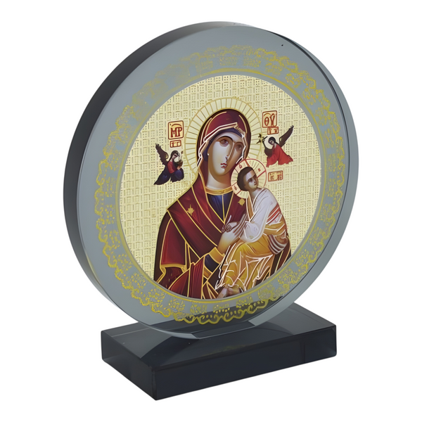 Orthodox Holy Mother Mary & Jesus Icon On Round Black Glass Plaque Stand Ornament