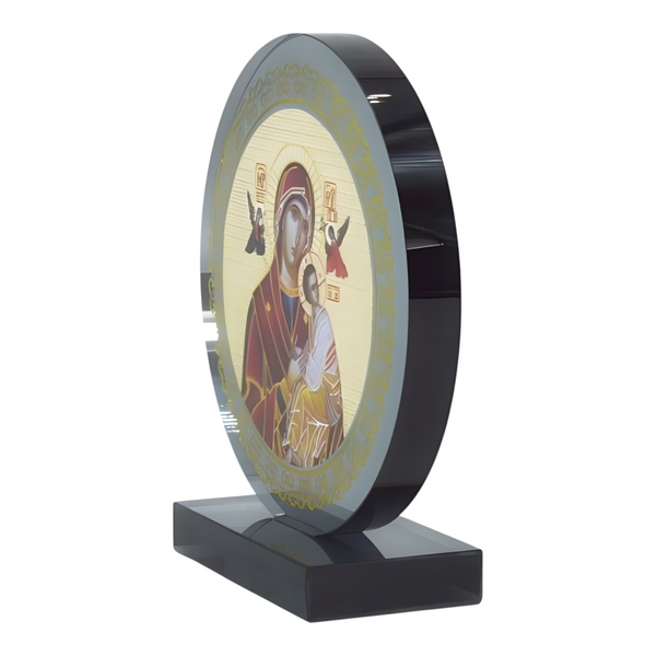 Orthodox Holy Mother Mary & Jesus Icon On Round Black Glass Plaque Stand Ornament