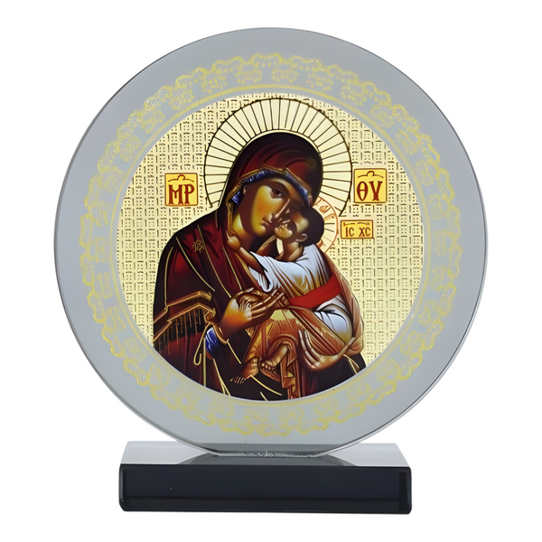 Orthodox Holy Mother Mary & Jesus Icon On Round Black Glass Plaque Stand Ornament