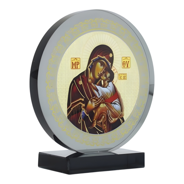 Orthodox Holy Mother Mary & Jesus Icon On Round Black Glass Plaque Stand Ornament