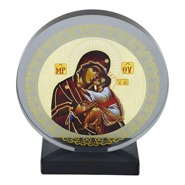 Orthodox Holy Mother Mary & Jesus Icon On Round Black Glass Plaque Stand Ornament