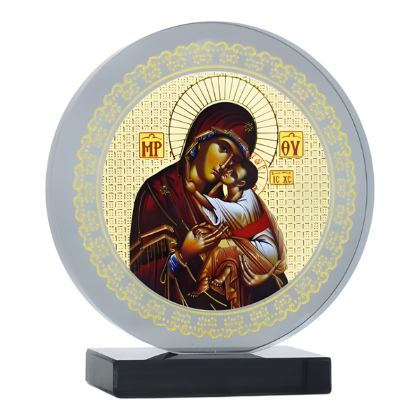 Orthodox Holy Mother Mary & Jesus Icon On Round Black Glass Plaque Stand Ornament