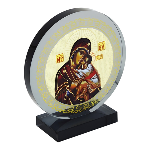 Orthodox Holy Mother Mary & Jesus Icon On Round Black Glass Plaque Stand Ornament