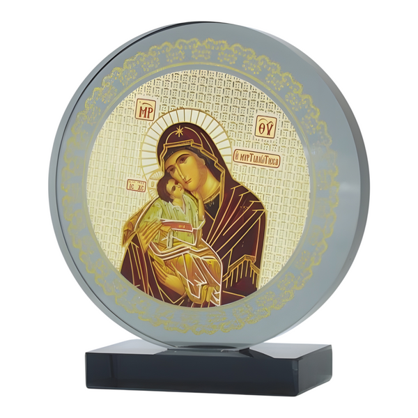 Orthodox Holy Mother Mary & Jesus Icon On Round Black Glass Plaque Stand Ornament