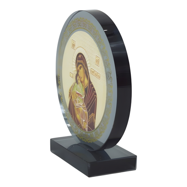 Orthodox Holy Mother Mary & Jesus Icon On Round Black Glass Plaque Stand Ornament