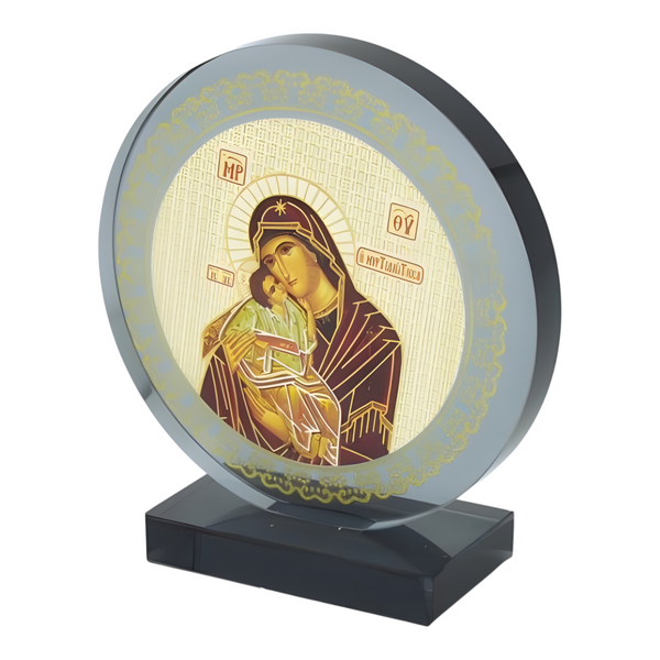 Orthodox Holy Mother Mary & Jesus Icon On Round Black Glass Plaque Stand Ornament