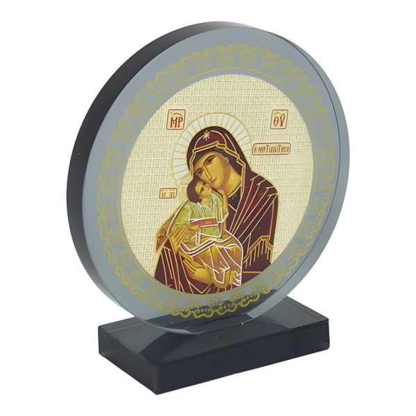 Orthodox Holy Mother Mary & Jesus Icon On Round Black Glass Plaque Stand Ornament