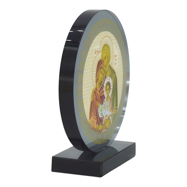 Orthodox The Holy Family Icon On Round Black Glass Plaque Stand Ornament