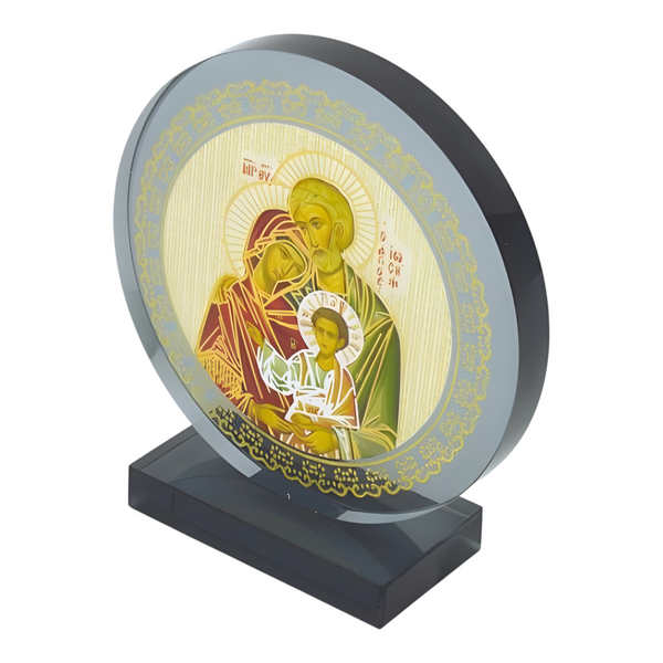 Orthodox The Holy Family Icon On Round Black Glass Plaque Stand Ornament