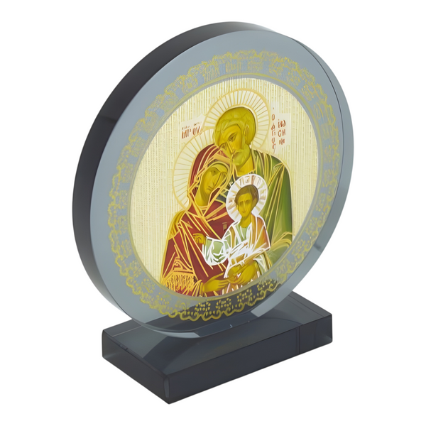 Orthodox The Holy Family Icon On Round Black Glass Plaque Stand Ornament