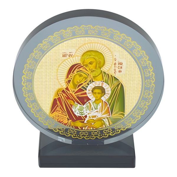 Orthodox The Holy Family Icon On Round Black Glass Plaque Stand Ornament