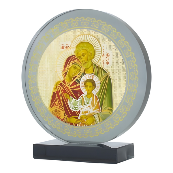 Orthodox The Holy Family Icon On Round Black Glass Plaque Stand Ornament