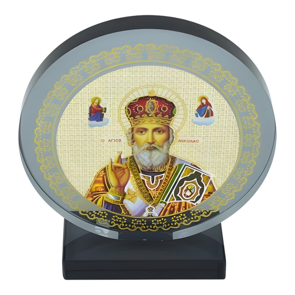 Orthodox Saint Nicholas Icon On Round Black Glass Plaque Stand Ornament