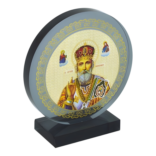 Orthodox Saint Nicholas Icon On Round Black Glass Plaque Stand Ornament