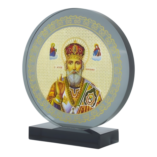 Orthodox Saint Nicholas Icon On Round Black Glass Plaque Stand Ornament