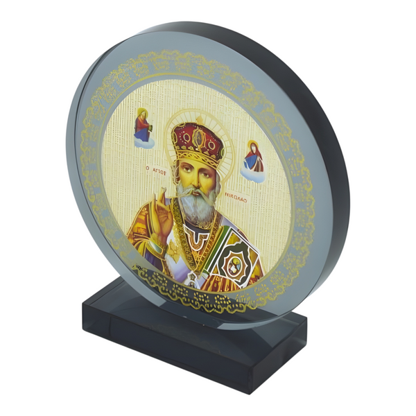 Orthodox Saint Nicholas Icon On Round Black Glass Plaque Stand Ornament