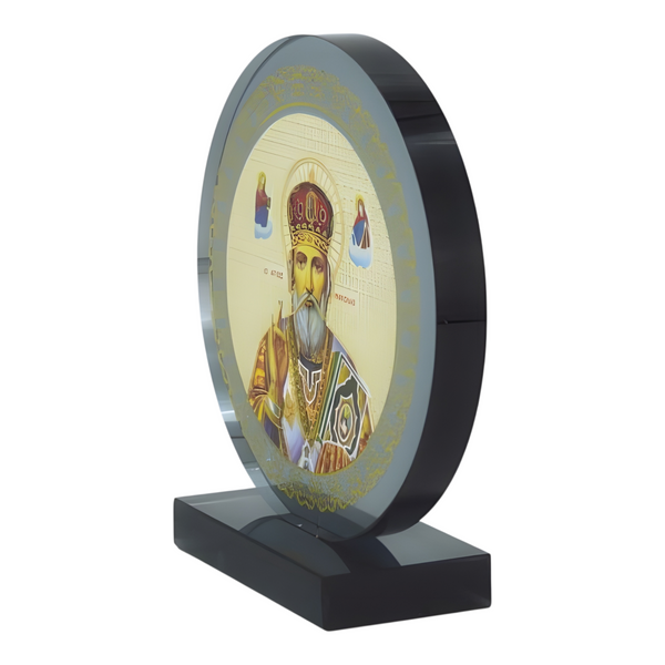 Orthodox Saint Nicholas Icon On Round Black Glass Plaque Stand Ornament