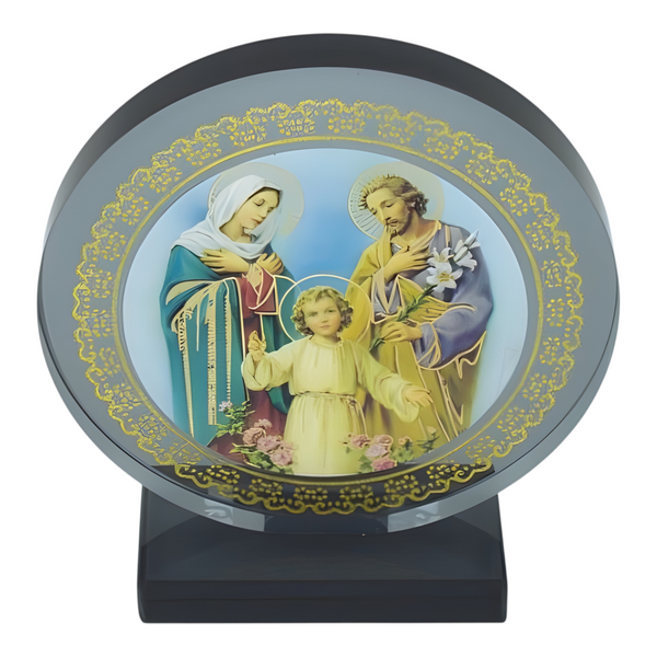 Catholic The Holy Family Icon On Round Black Glass Plaque Stand Ornament