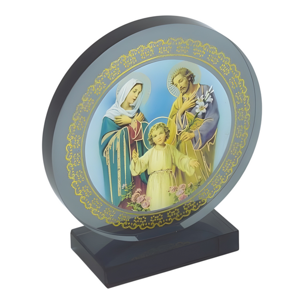 Catholic The Holy Family Icon On Round Black Glass Plaque Stand Ornament