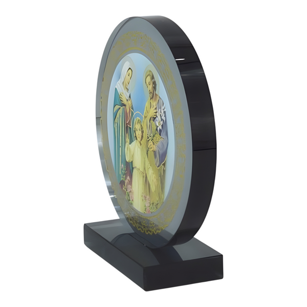 Catholic The Holy Family Icon On Round Black Glass Plaque Stand Ornament