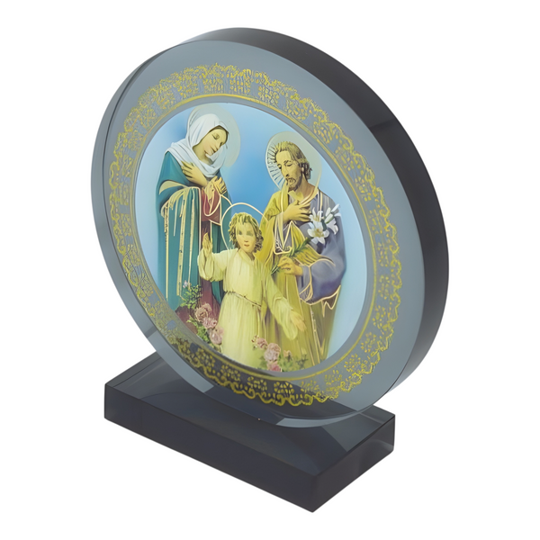 Catholic The Holy Family Icon On Round Black Glass Plaque Stand Ornament