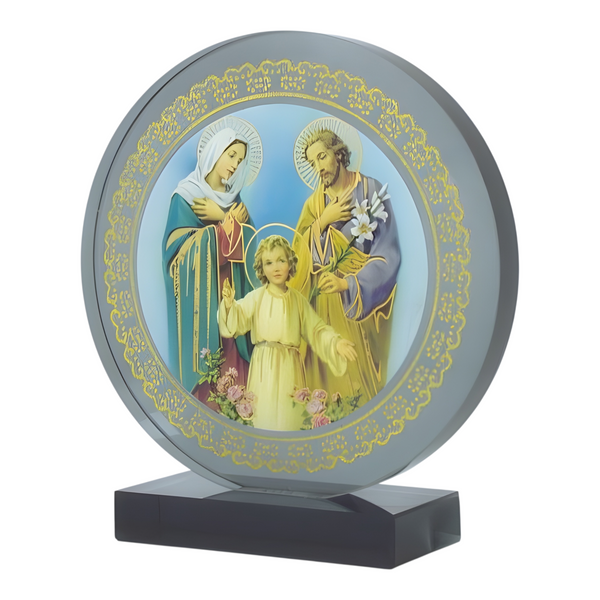 Catholic The Holy Family Icon On Round Black Glass Plaque Stand Ornament