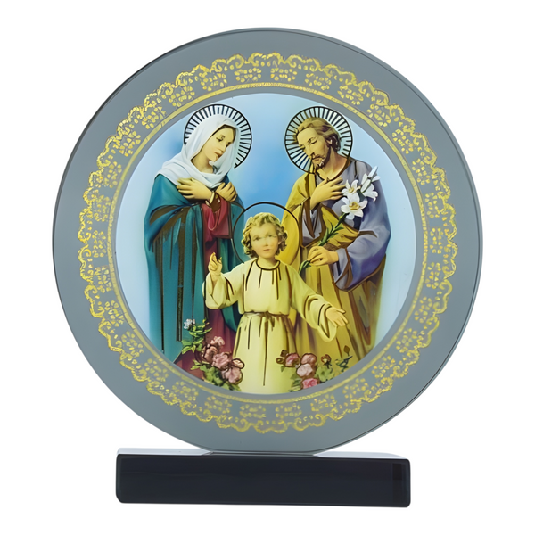 Catholic The Holy Family Icon On Round Black Glass Plaque Stand Ornament