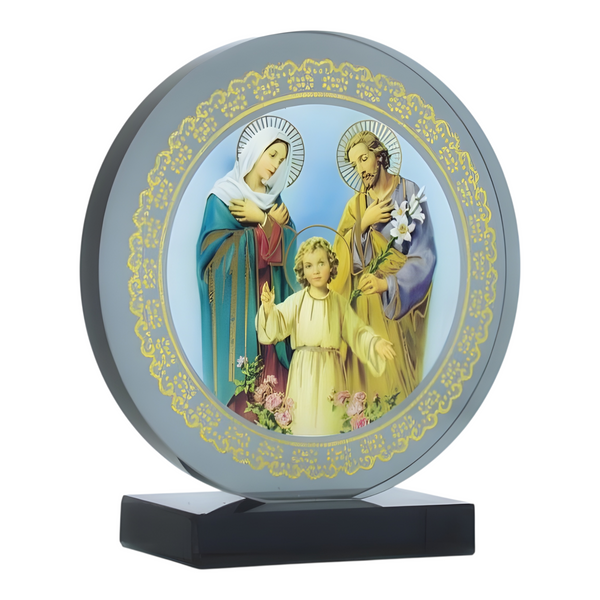 Catholic The Holy Family Icon On Round Black Glass Plaque Stand Ornament