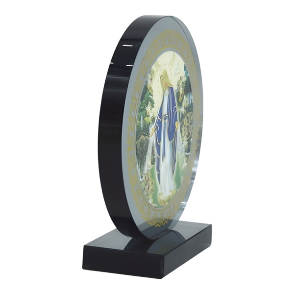 Catholic Blessed Holy Mother Mary Icon On Round Black Glass Plaque Stand Ornamen