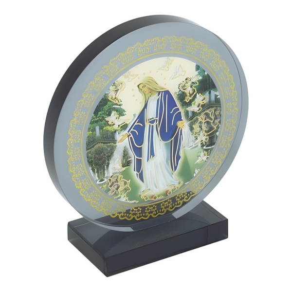 Catholic Blessed Holy Mother Mary Icon On Round Black Glass Plaque Stand Ornamen
