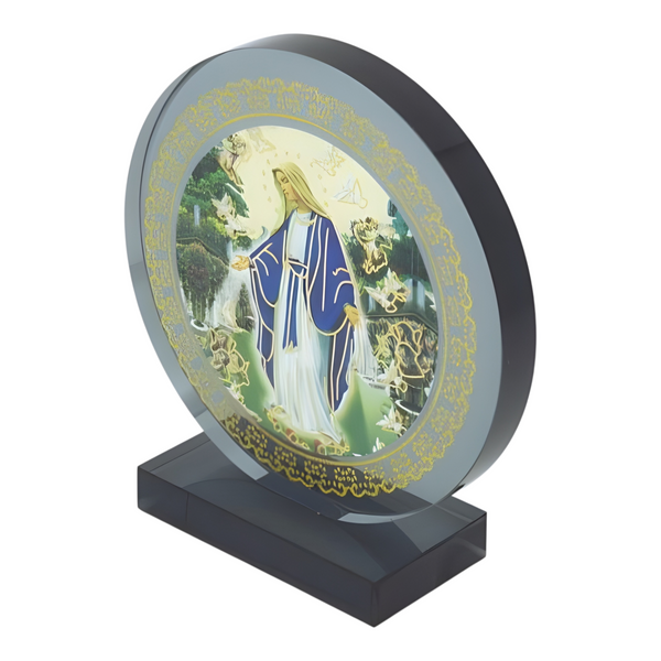 Catholic Blessed Holy Mother Mary Icon On Round Black Glass Plaque Stand Ornamen