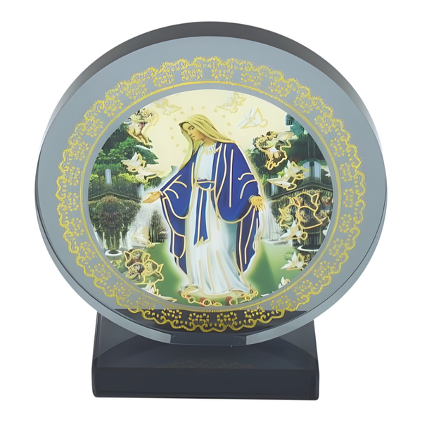 Catholic Blessed Holy Mother Mary Icon On Round Black Glass Plaque Stand Ornamen