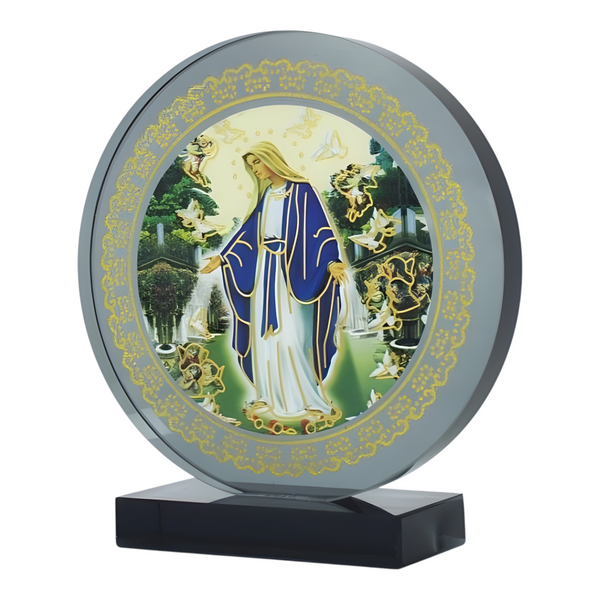 Catholic Blessed Holy Mother Mary Icon On Round Black Glass Plaque Stand Ornamen