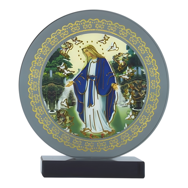 Catholic Blessed Holy Mother Mary Icon On Round Black Glass Plaque Stand Ornamen