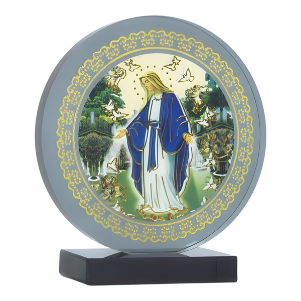 Catholic Blessed Holy Mother Mary Icon On Round Black Glass Plaque Stand Ornamen