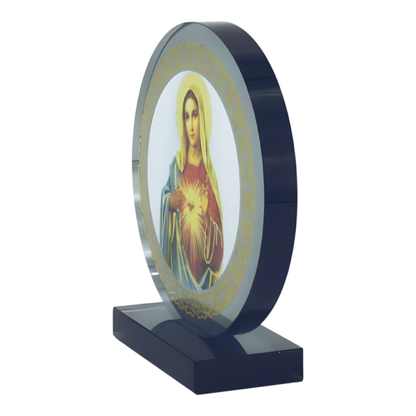 Catholic Sacred Heart Mother Mary Icon On Round Black Glass Plaque Stand Ornament