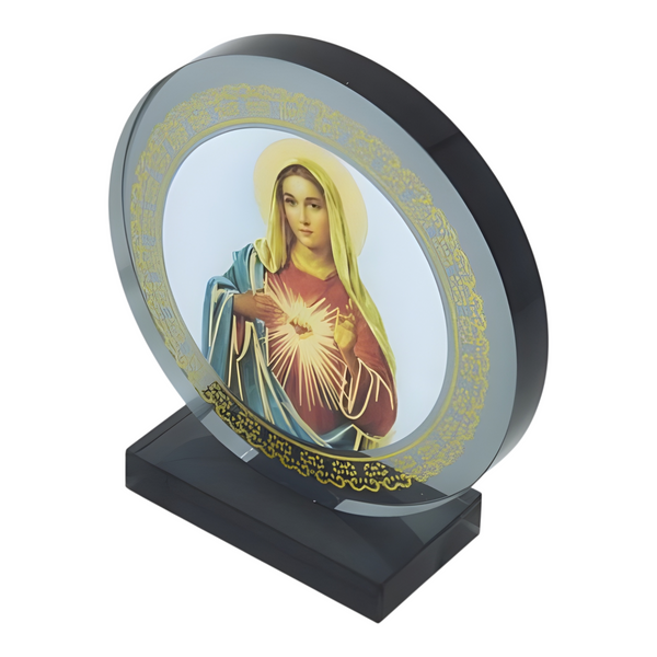 Catholic Sacred Heart Mother Mary Icon On Round Black Glass Plaque Stand Ornament