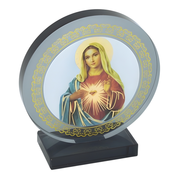 Catholic Sacred Heart Mother Mary Icon On Round Black Glass Plaque Stand Ornament