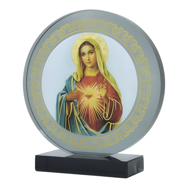 Catholic Sacred Heart Mother Mary Icon On Round Black Glass Plaque Stand Ornament