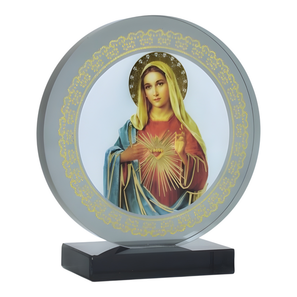 Catholic Sacred Heart Mother Mary Icon On Round Black Glass Plaque Stand Ornament