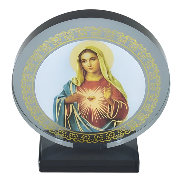 Catholic Sacred Heart Mother Mary Icon On Round Black Glass Plaque Stand Ornament