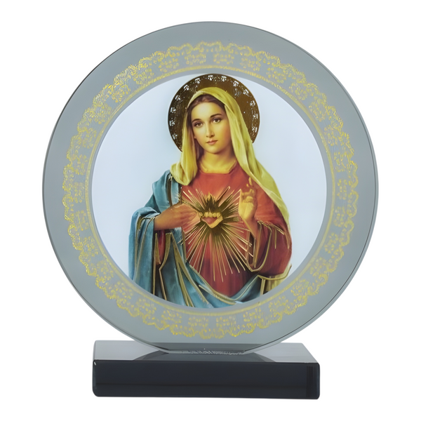 Catholic Sacred Heart Mother Mary Icon On Round Black Glass Plaque Stand Ornament