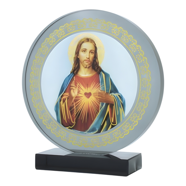 Catholic Sacred Heart Jesus Christ Icon On Round Black Glass Plaque Stand Ornament