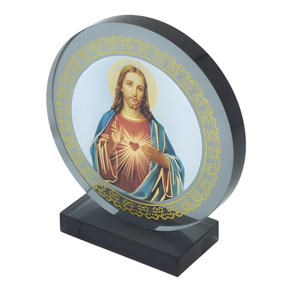 Catholic Sacred Heart Jesus Christ Icon On Round Black Glass Plaque Stand Ornament