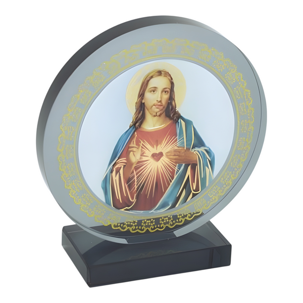 Catholic Sacred Heart Jesus Christ Icon On Round Black Glass Plaque Stand Ornament
