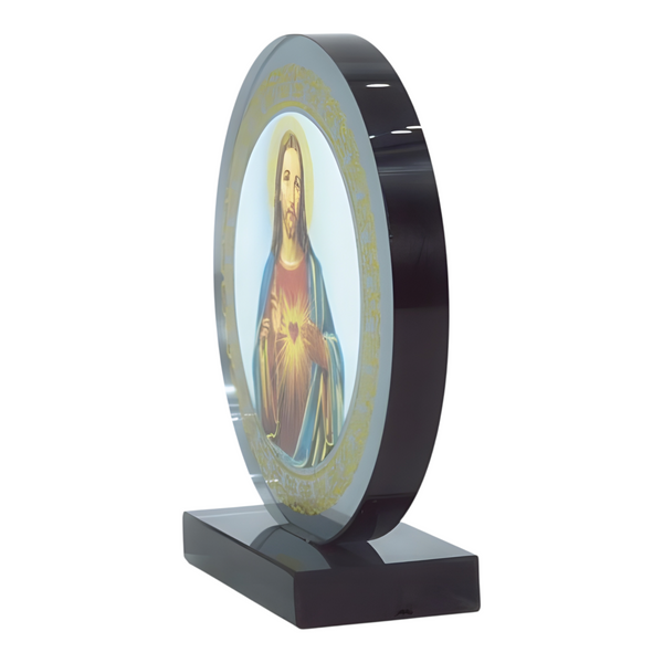 Catholic Sacred Heart Jesus Christ Icon On Round Black Glass Plaque Stand Ornament