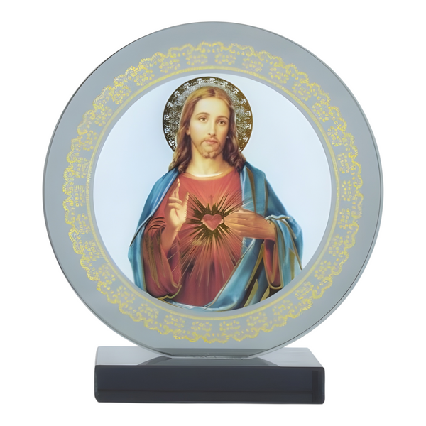 Catholic Sacred Heart Jesus Christ Icon On Round Black Glass Plaque Stand Ornament