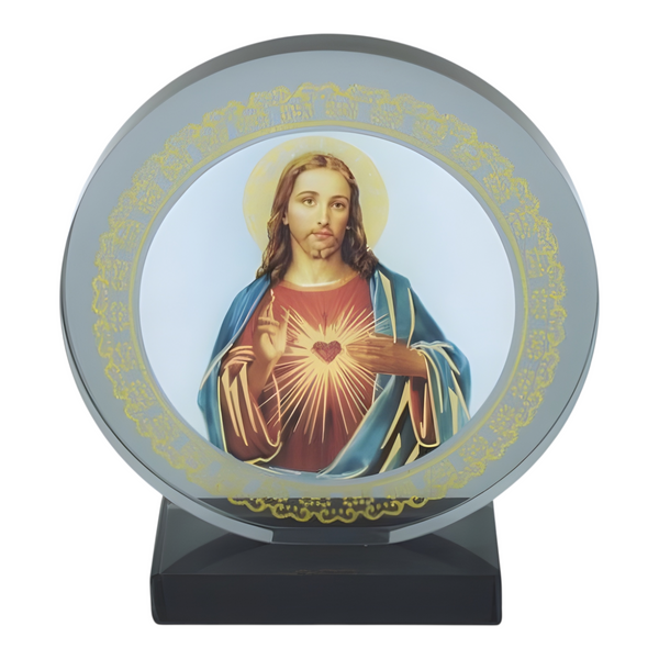 Catholic Sacred Heart Jesus Christ Icon On Round Black Glass Plaque Stand Ornament
